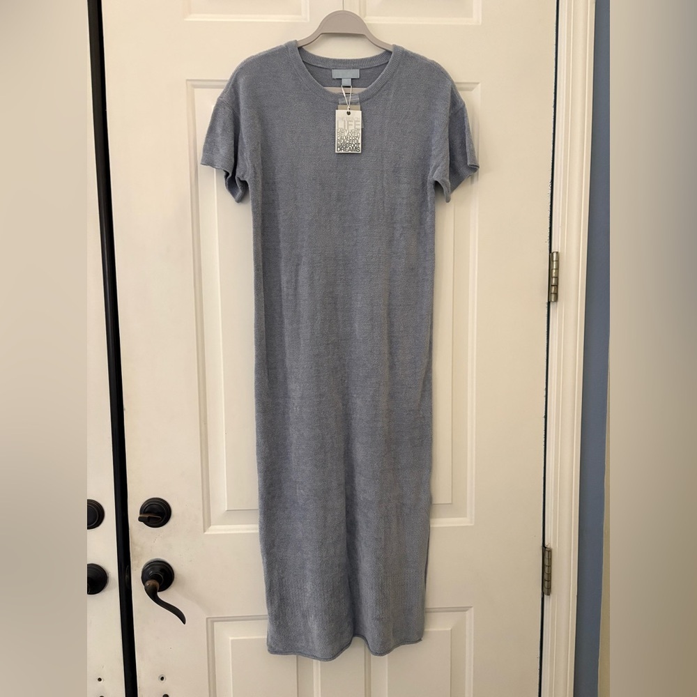 Barefoot Dreams CozyChic UltraLite SS Pointelle Dress Ocean Air Blue Petite XS